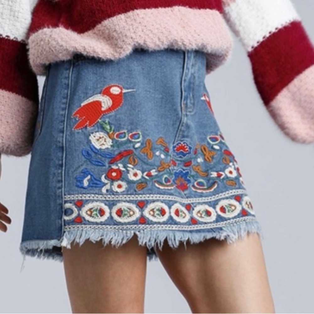 Umgee Red Piper Embroidered Denim Mini Skirt - Picture 2 of 8